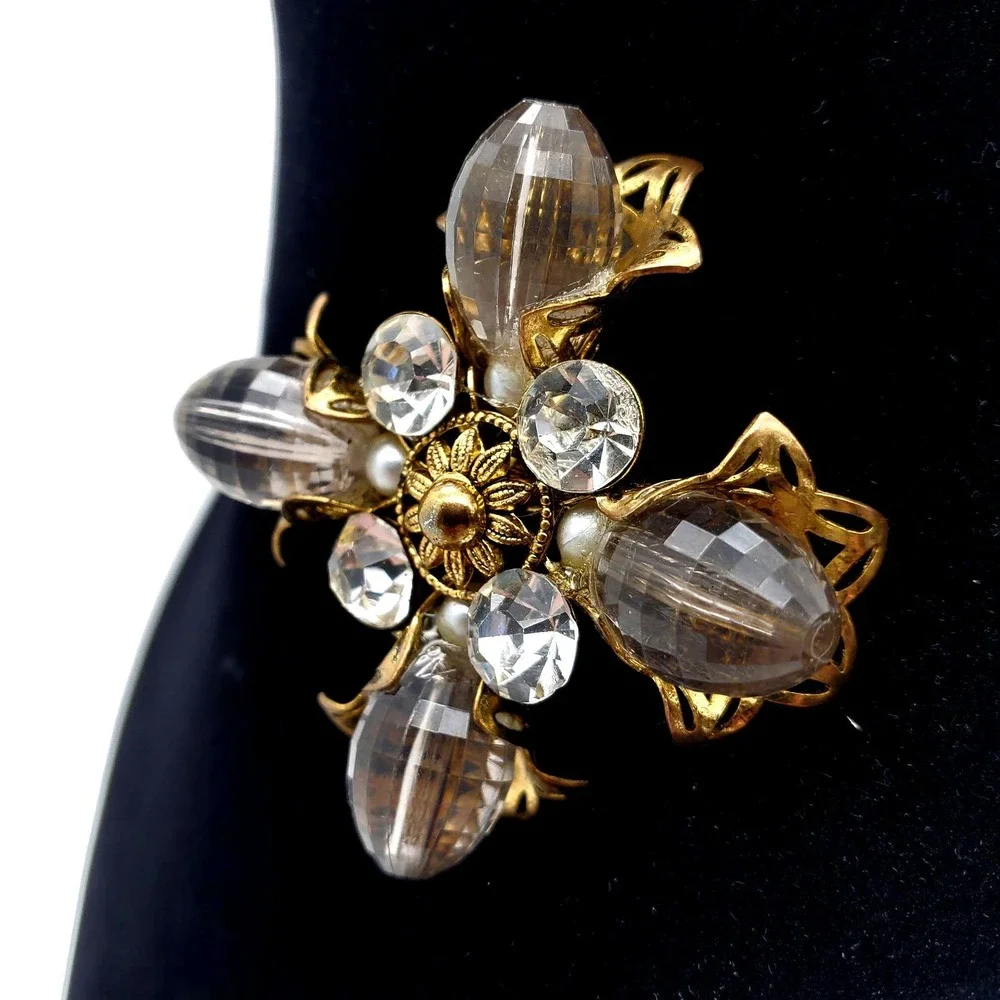 Maltese Cross Brooch Smoke Acrylic Gothic Revival Pin Gold Tone Rhinestones Vtg